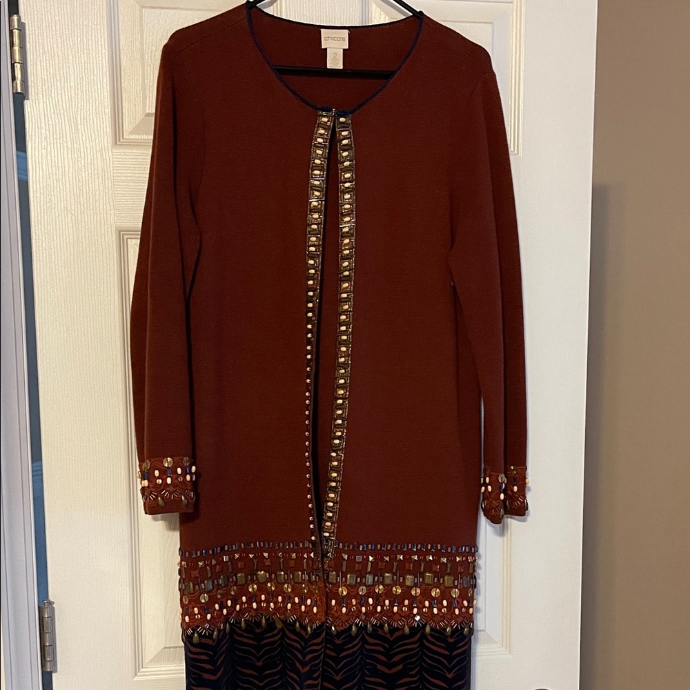 Chico's Rich Brown Cardigan with Gold Accents